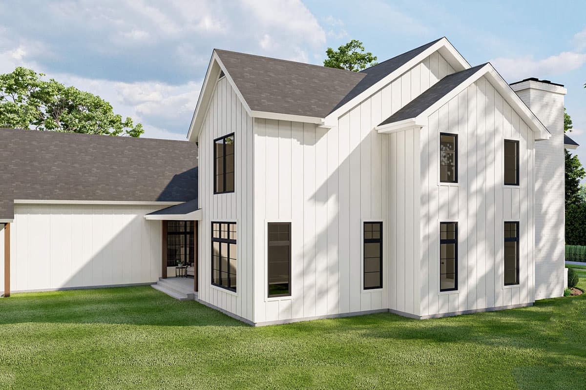 Modern Farmhouse house plan exterior with vertical siding, gables, and dark-framed windows.