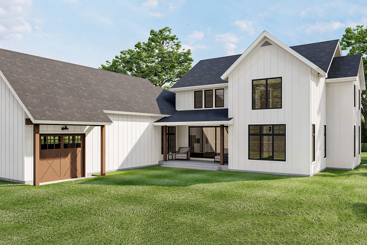 House plan exterior, Modern Farmhouse style, two stories, white vertical siding, attached garage, covered porch with dark columns.