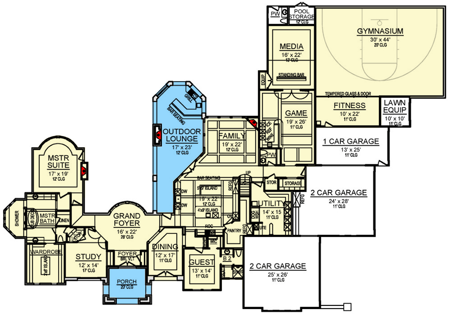 Plan 36648TX: Luxury 5-Bed Mediterranean House Plan with Half-court Gym - Floor Plan - Main Level - European, Mediterranean, Spanish, Tuscan