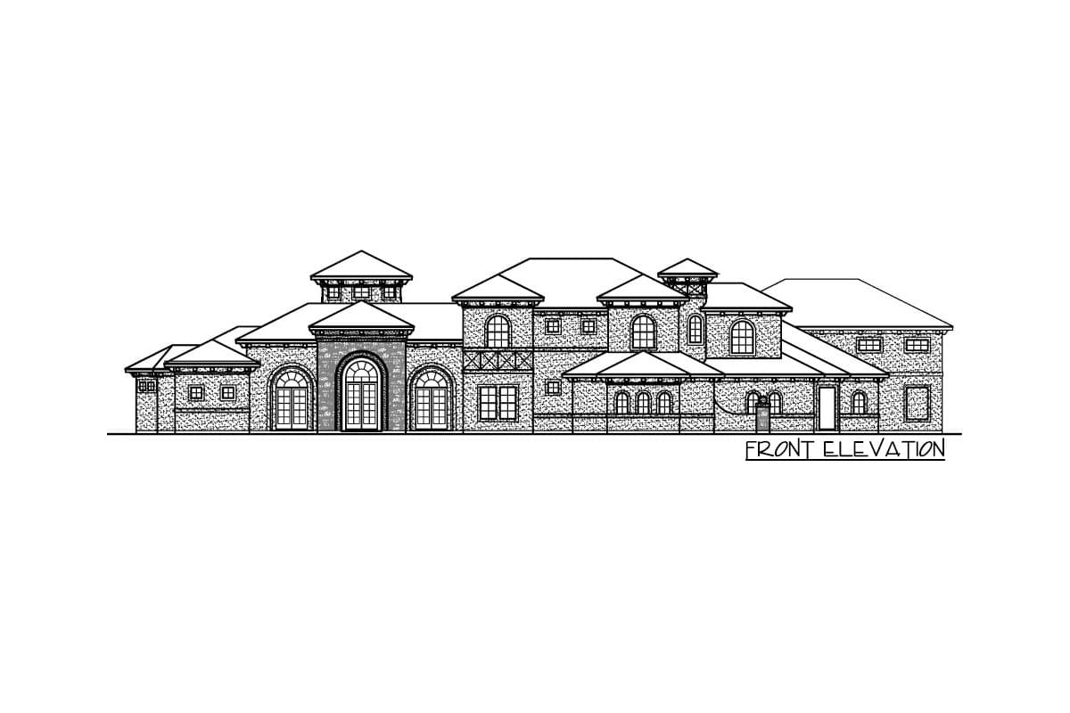 Front elevation drawing of a large, multi-story house with numerous arched windows, prominent rooflines, and varied wall textures.