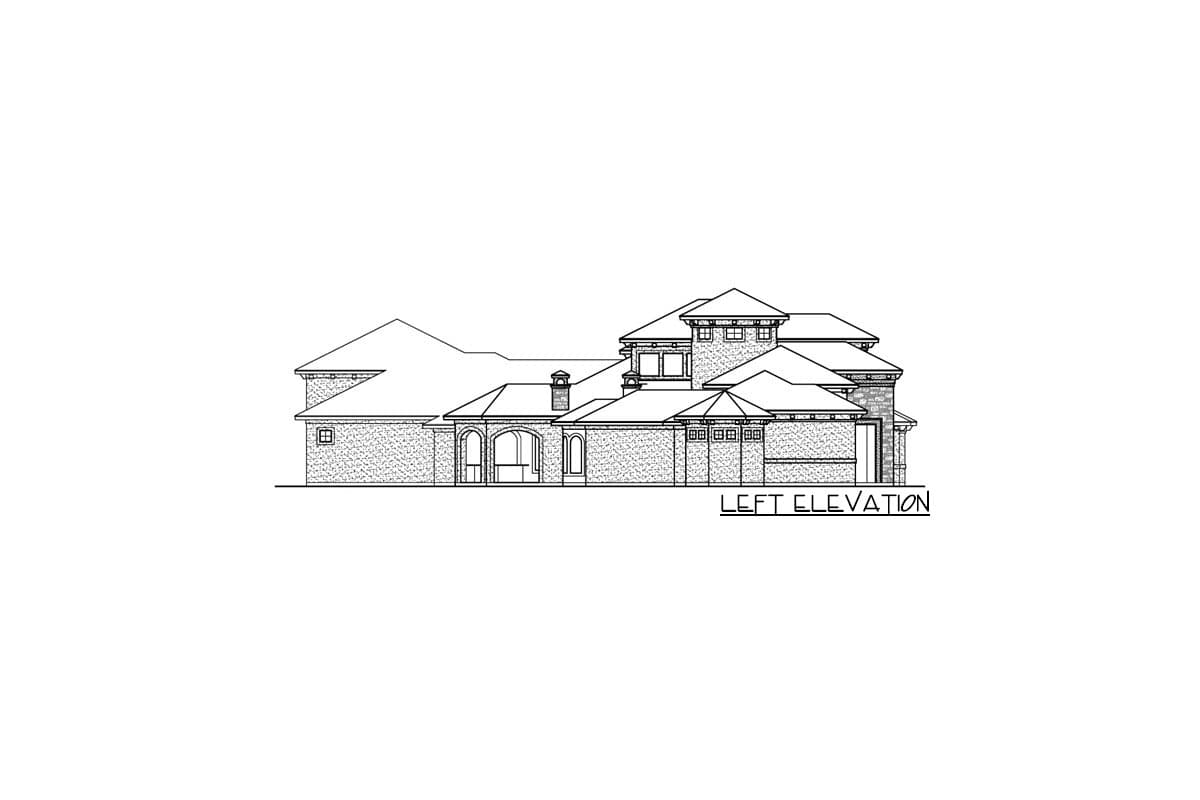 Left elevation drawing of a house plan featuring a brick facade, multiple gables, arched windows, and varied rooflines.
