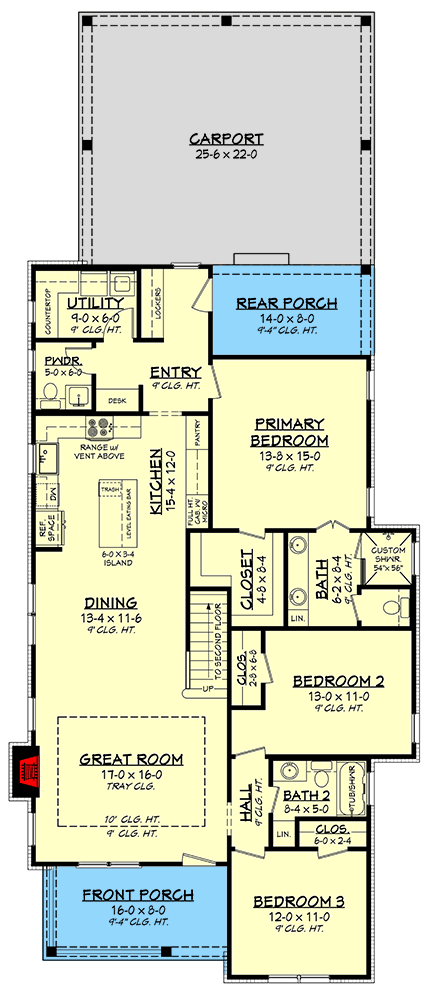 Plan 51852HZ: 2-Story Farmhouse Plan with 4 Bedrooms with a Narrow Footprint - Floor Plan - Main Level - Cottage, Country, Modern Farmhouse, New American