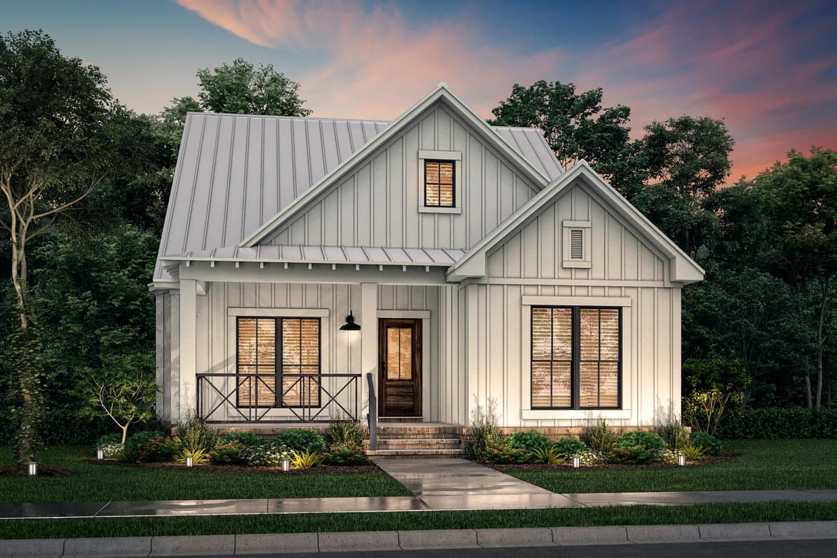 Modern Farmhouse house plan exterior with metal roof, gabled dormers, porch with railing, and board and batten siding.