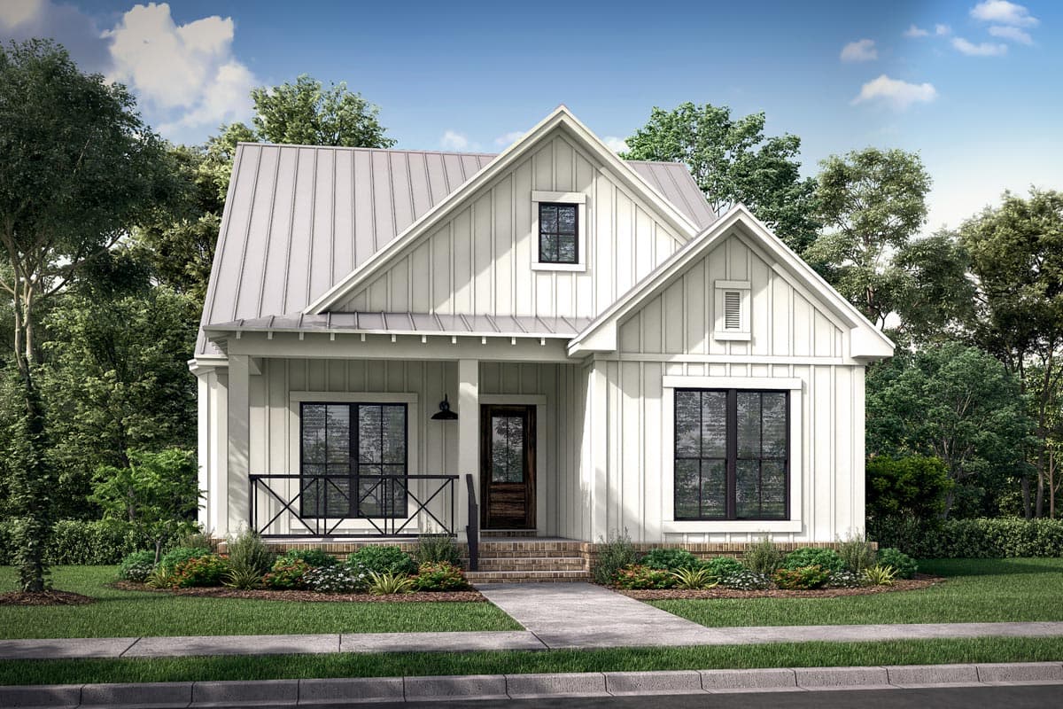 House plan exterior. Modern Farmhouse style, one story, with gables, a covered porch, and a metal roof.