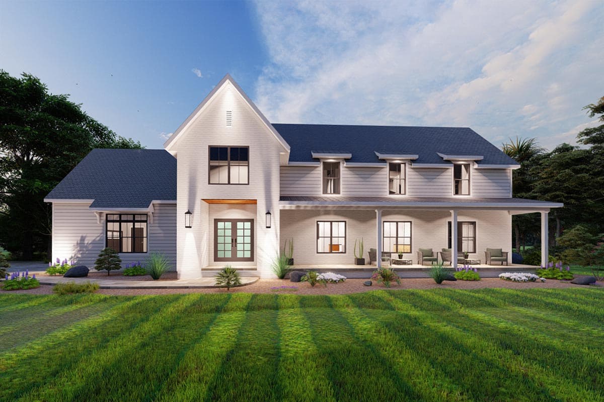 House plan exterior. Two-story Modern Farmhouse with a front porch, gabled roof, and dormers.