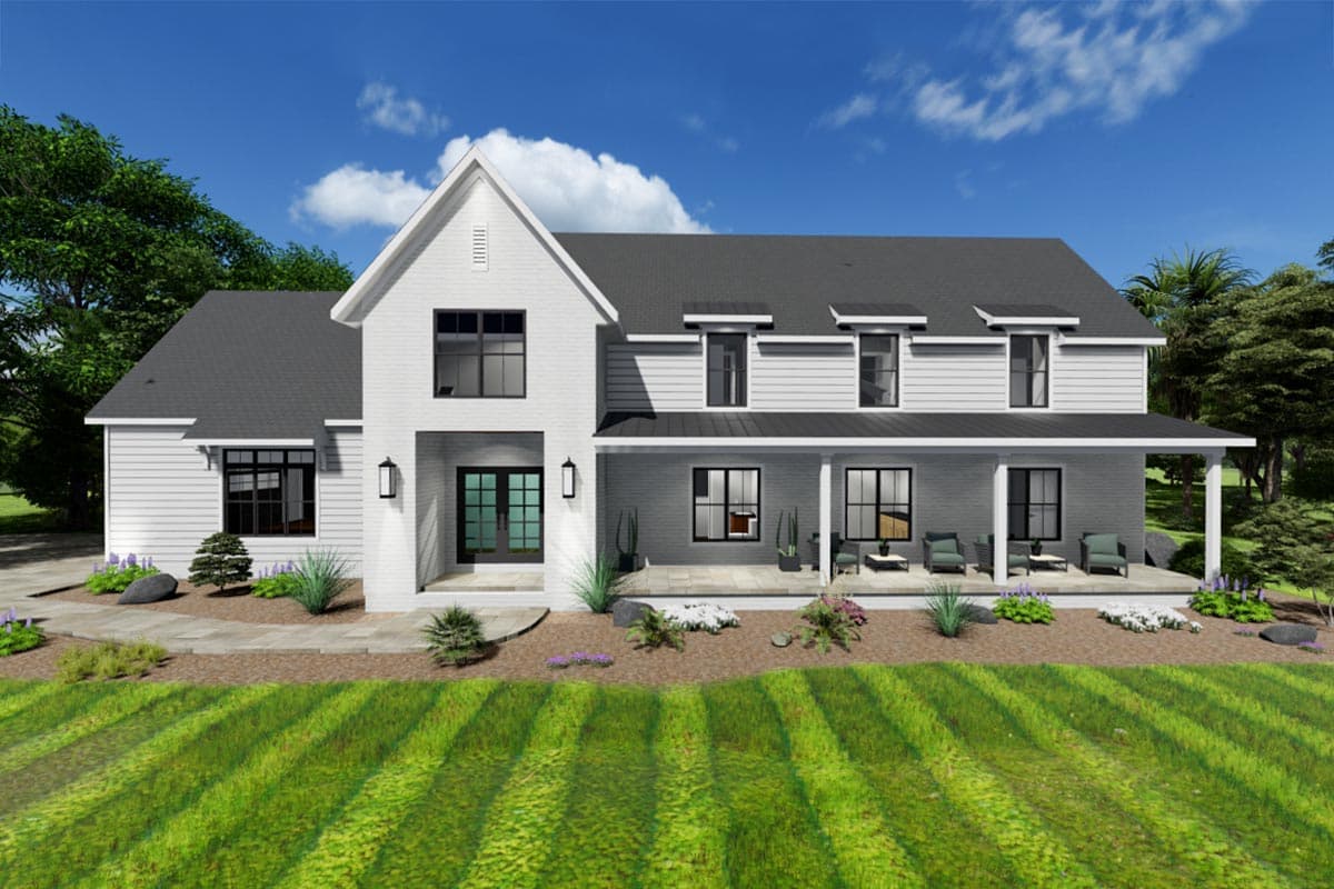 Modern Farmhouse house plan exterior with gables, a wraparound porch, and dormer windows.