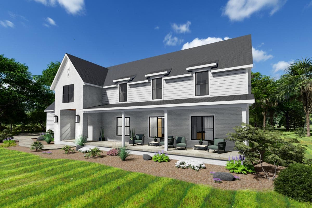 Modern farmhouse style house plan exterior with wraparound porch, gable, and dormer windows.
