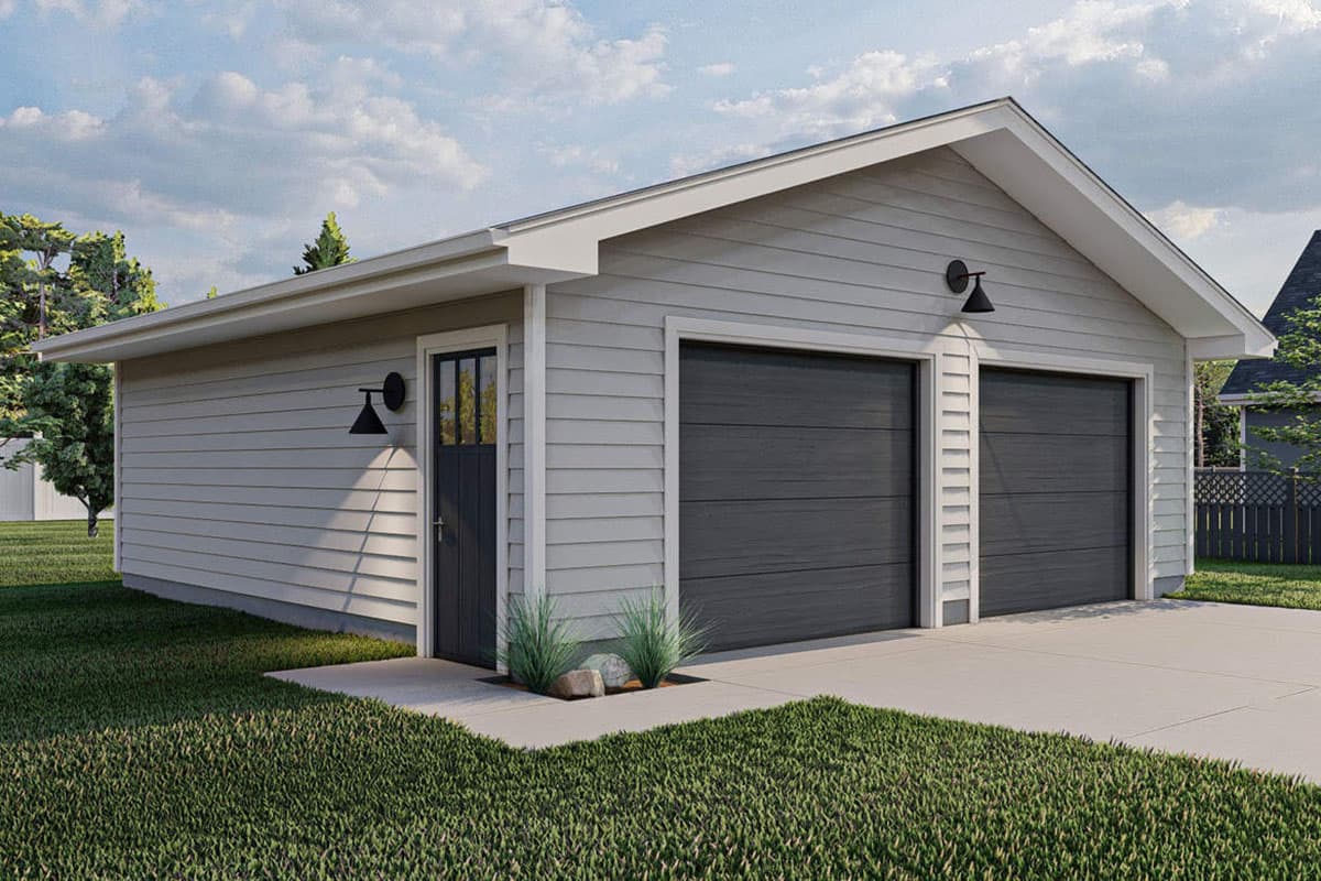 House plan exterior. One-story detached garage with gable roof, two-car garage doors, and a side entry door. Exterior features sconce lighting.