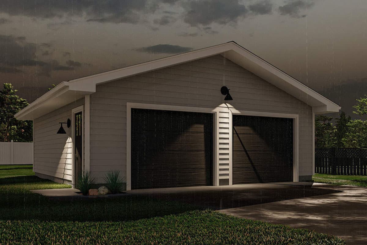 House plan exterior: Modern two-car garage with a gable roof, horizontal siding, and two black garage doors.
