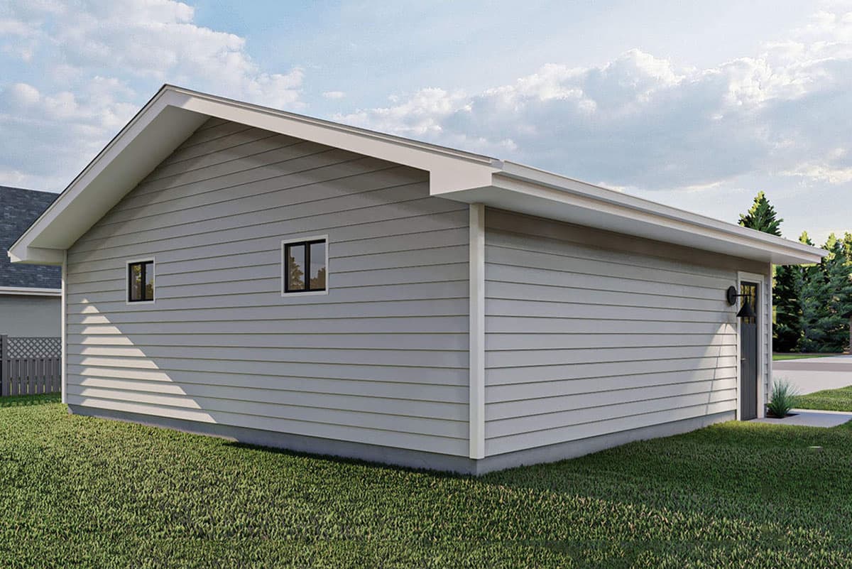 House plan exterior, one-story dwelling with horizontal siding, gable roof, and two rectangular windows.