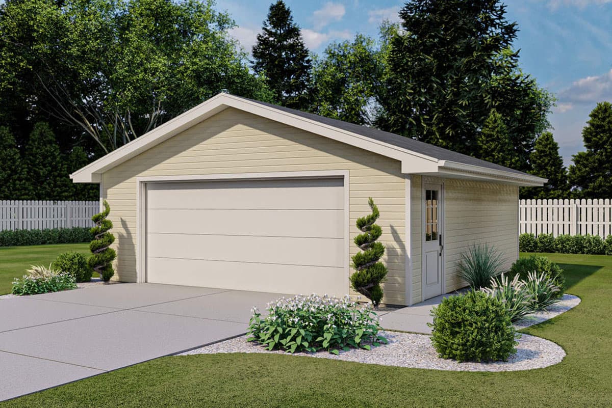 House plan exterior featuring a single-story design, gable roof, a large garage door, and a side entry door. Landscaping includes spiral shrubs.
