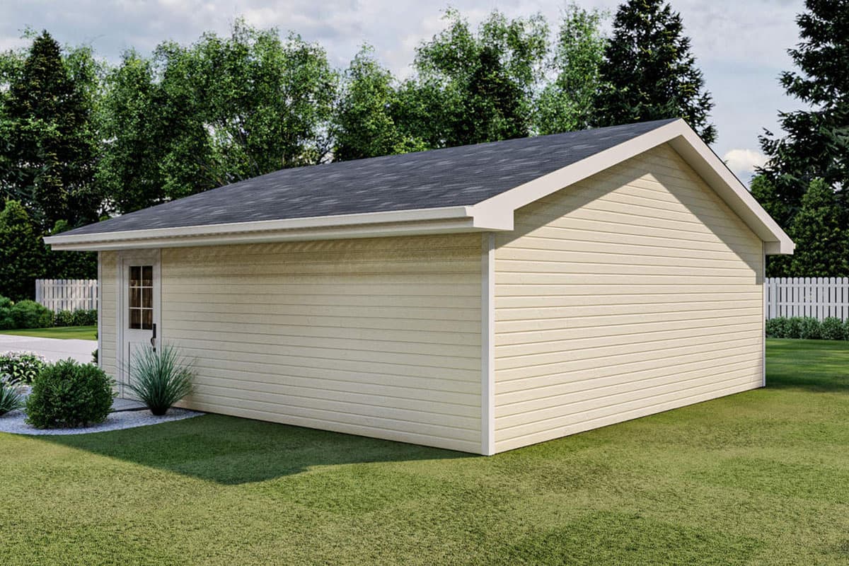 House plan exterior: Gable roof, siding, and a single door with glass panes.