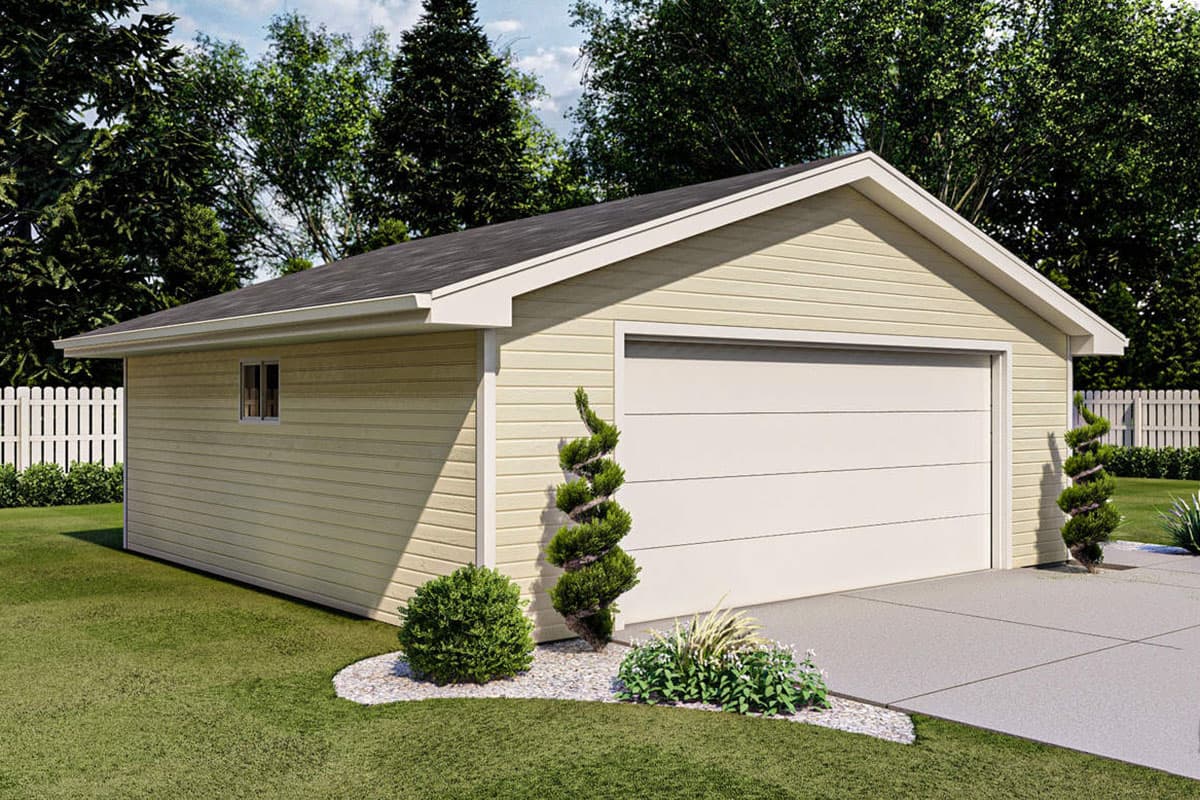 House plan exterior: Gable roof, horizontal siding, and a single garage door.