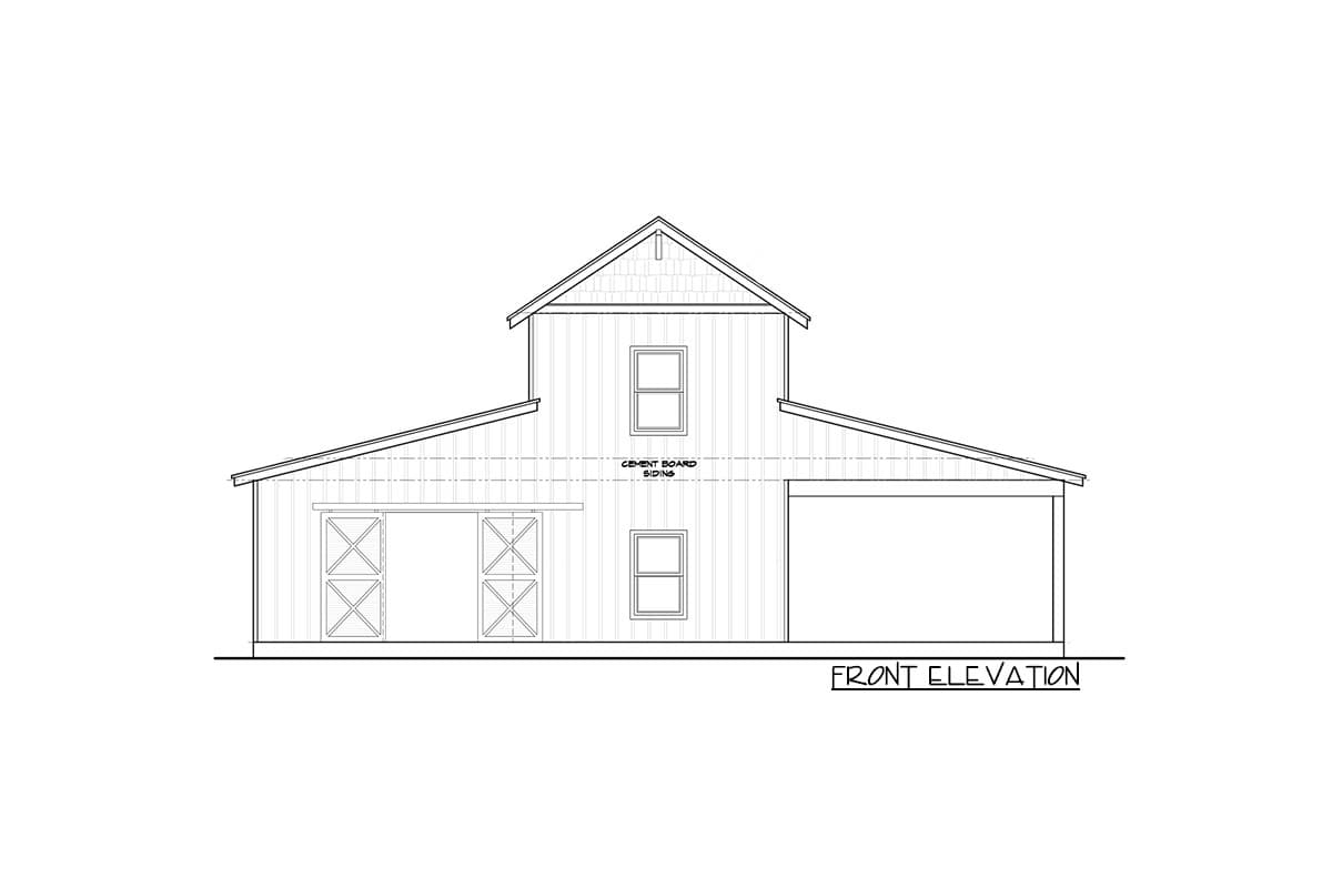 Front elevation drawing of a two-story barn-style house plan with board and batten siding, barn doors, and an attached carport.