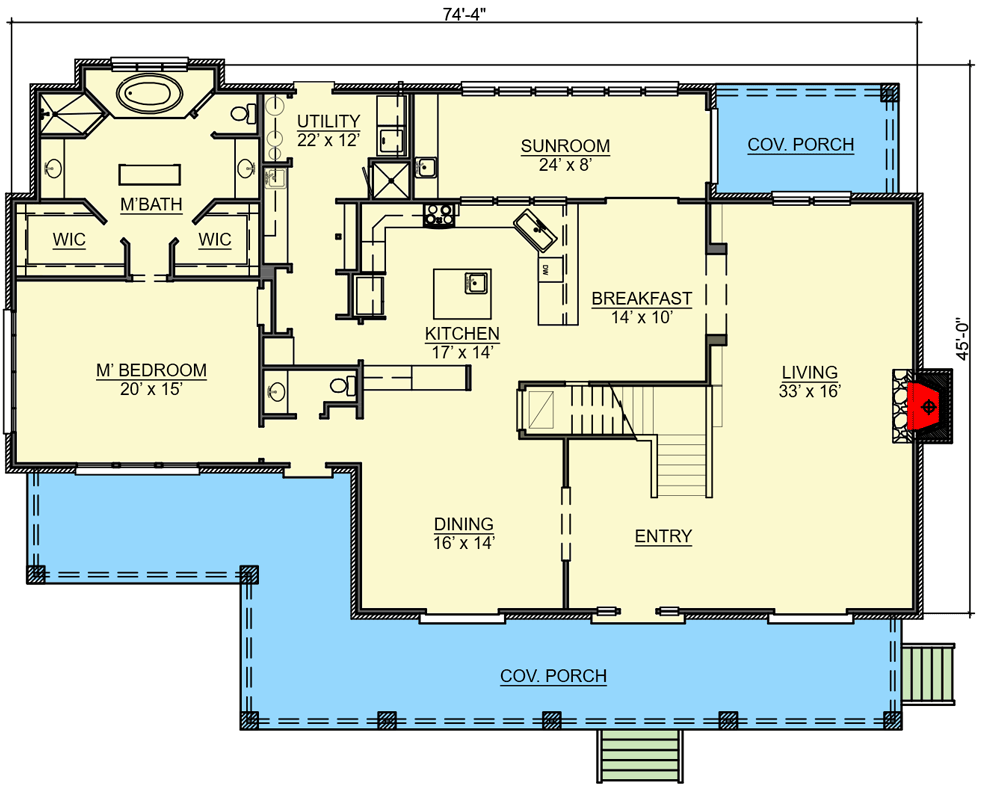 Plan 46077HC: 3-Bed Hill Country Home Plan with Main-floor Master Bedroom and Sunroom - Floor Plan - Main Level - Country, Hill Country, Southern, Traditional