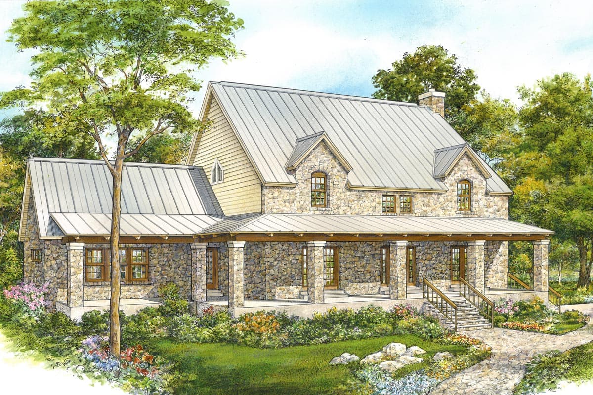 House plan exterior. Two-story home with stone facade, metal roof, and large front porch with stone columns and wood detailing.