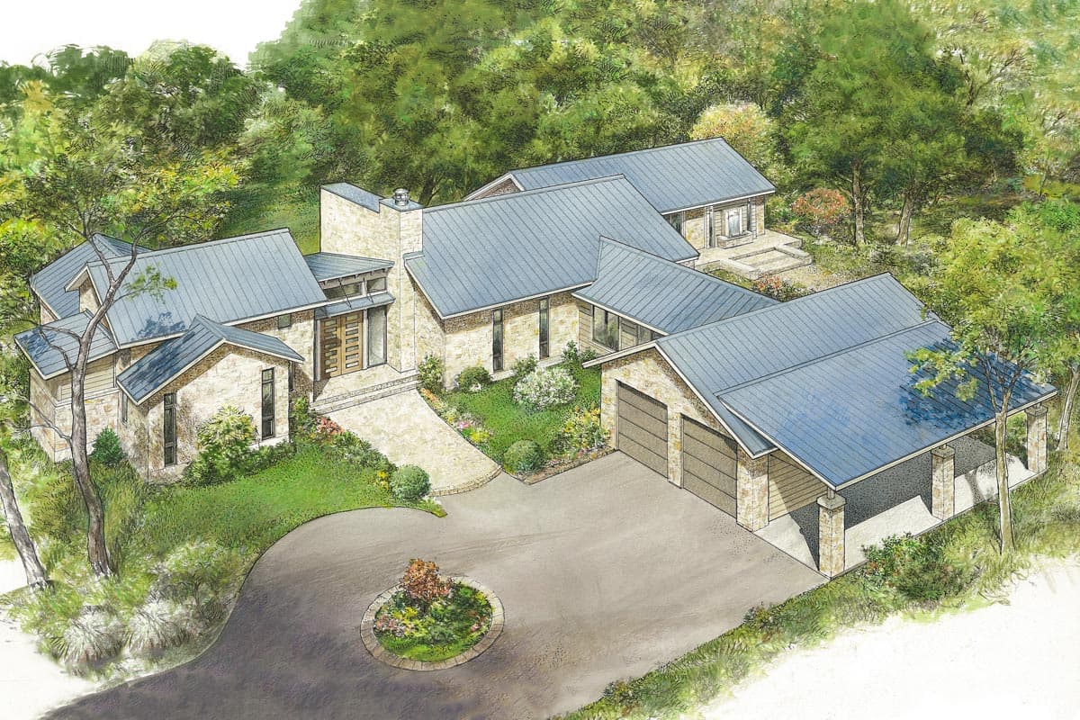 House plan exterior. Modern style, one-story home with multiple gabled rooflines, stone facade, and attached garage with covered carport.