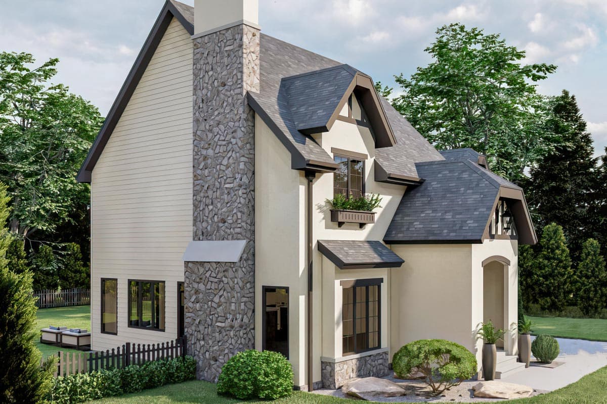 House plan exterior with stone chimney, gable dormers, and horizontal siding.