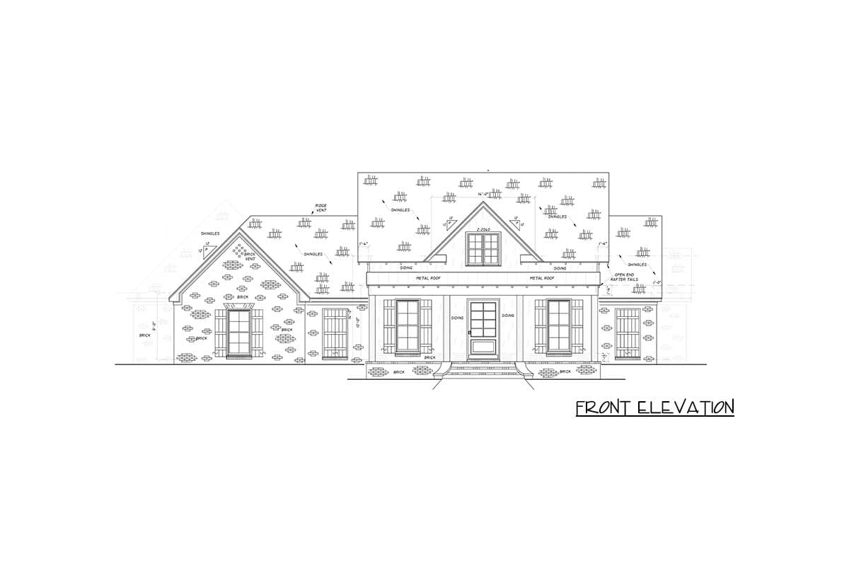 Front elevation drawing of a house plan with brick and siding, multiple gables, dormers, and metal roofs.