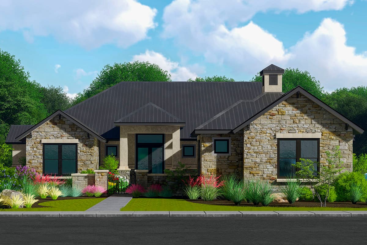 House plan exterior with stone veneer, dark metal roof, and gabled rooflines. Features a covered porch, and chimney.