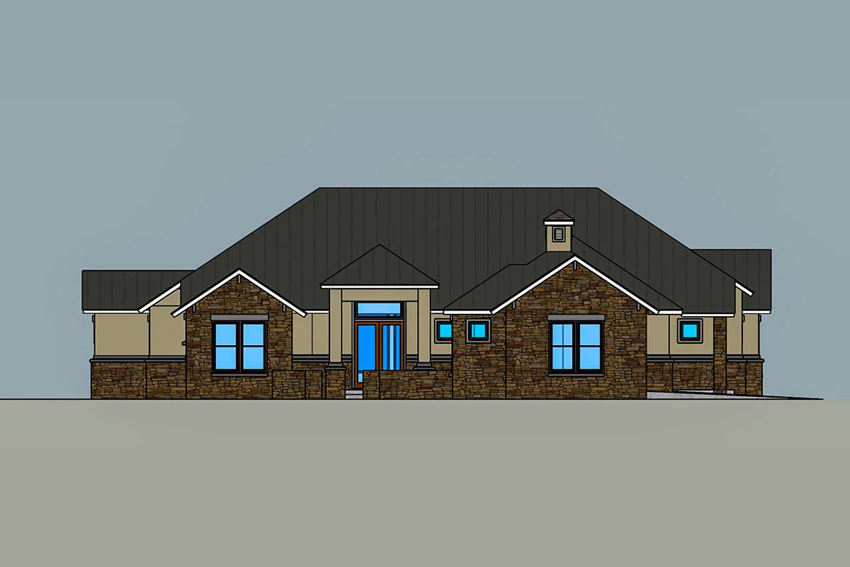 House plan exterior: Ranch style with stone veneer, prominent gables, covered entry, and multi-level rooflines.