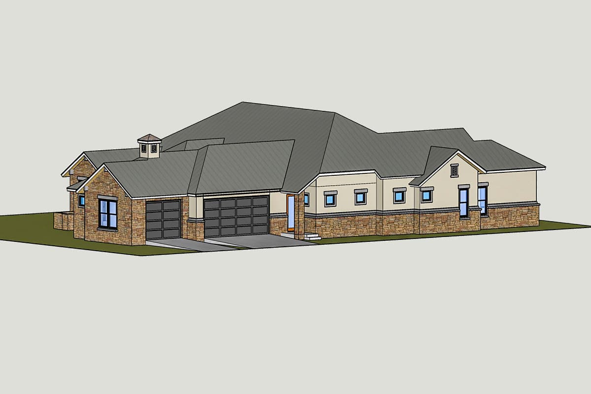 House plan exterior with stone accents, a side-entry three-car garage, and a prominent gabled roofline.