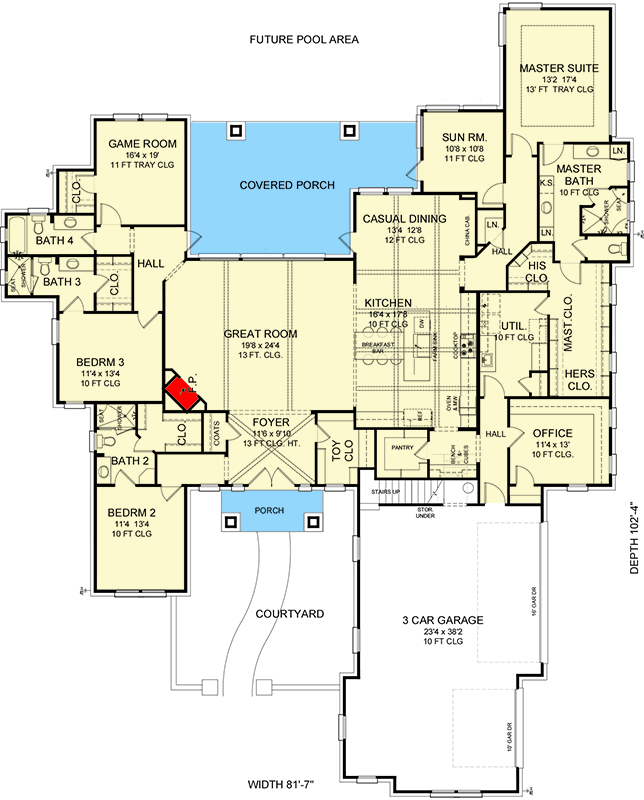 Plan 54028LK: 4-Bed Ranch Home Plan with Split Bedroom Layout - Floor Plan - Main Level - Contemporary, Hill Country, Ranch, Traditional