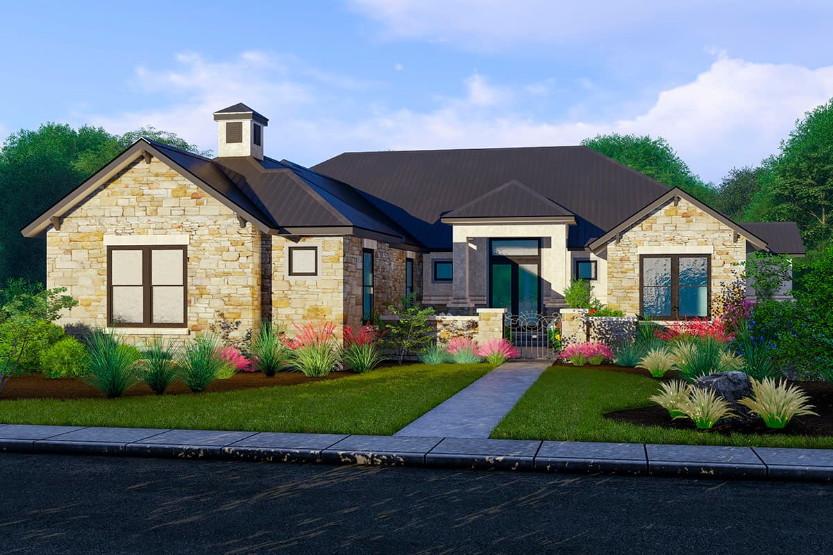 House plan exterior. One-story home with stone facade, dark roof, and a small cupola. Features include a covered entry and a gated front yard.