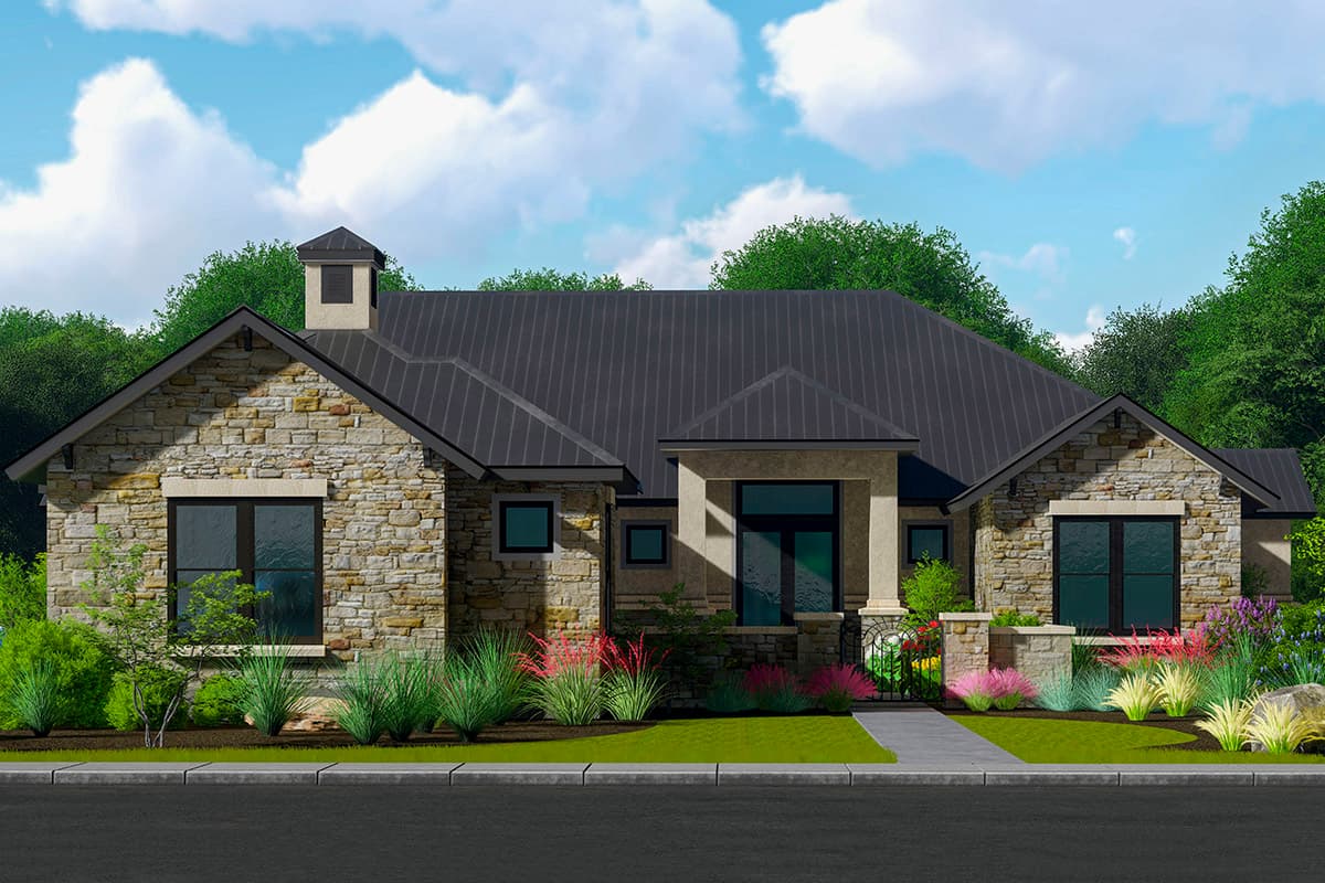 House plan exterior: One-story house with stone facade, metal roof, gabled rooflines, and covered entry with columns.