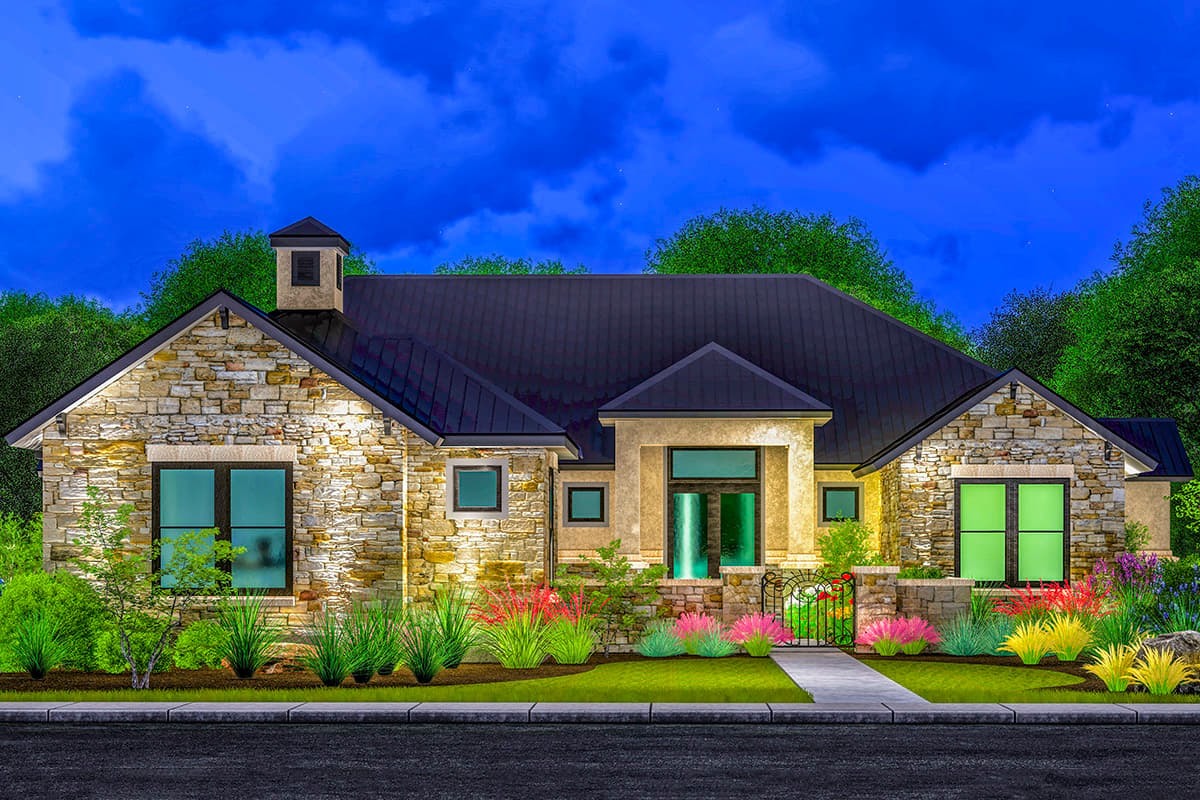 House plan exterior with stone facade, dark metal roof, multiple gables, prominent entryway, and a pitched roof over the garage.