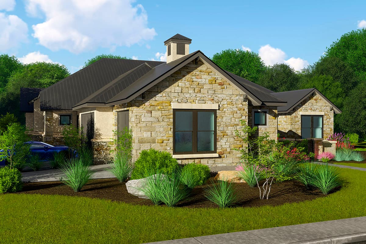 House plan exterior, one story, stone facade, gables, and dark metal roof with a cupola.