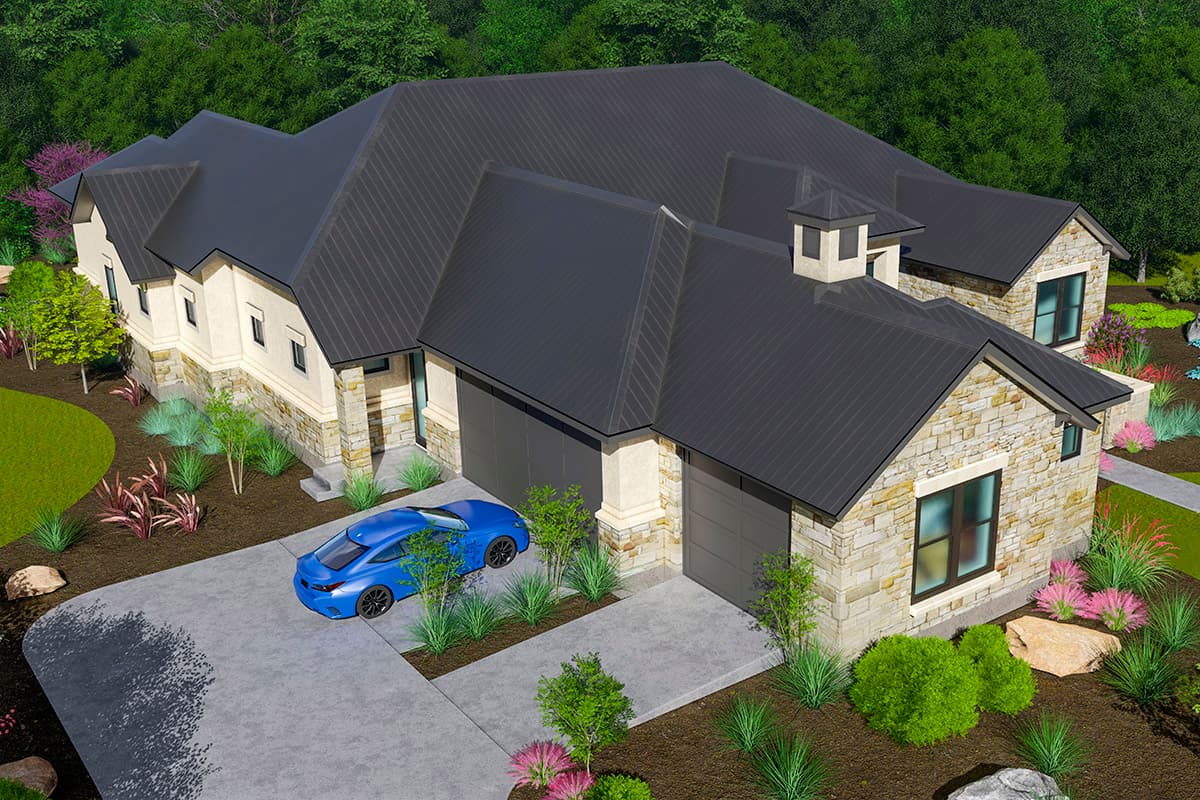 House plan exterior: Modern Ranch style with stone and stucco, dark metal roof, and a three-car garage.