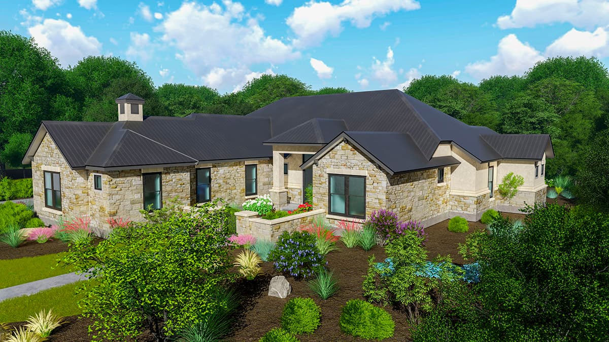 House plan exterior: Single-story home with stone facade, dark metal roof, and multiple gables.