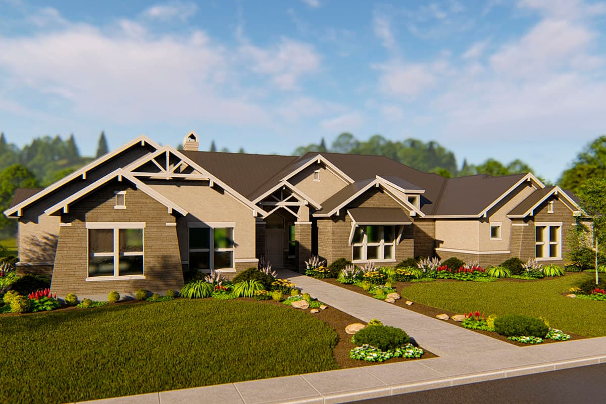 House plan exterior with Craftsman style, one story, and multiple gables. Features include a front porch and varied rooflines.