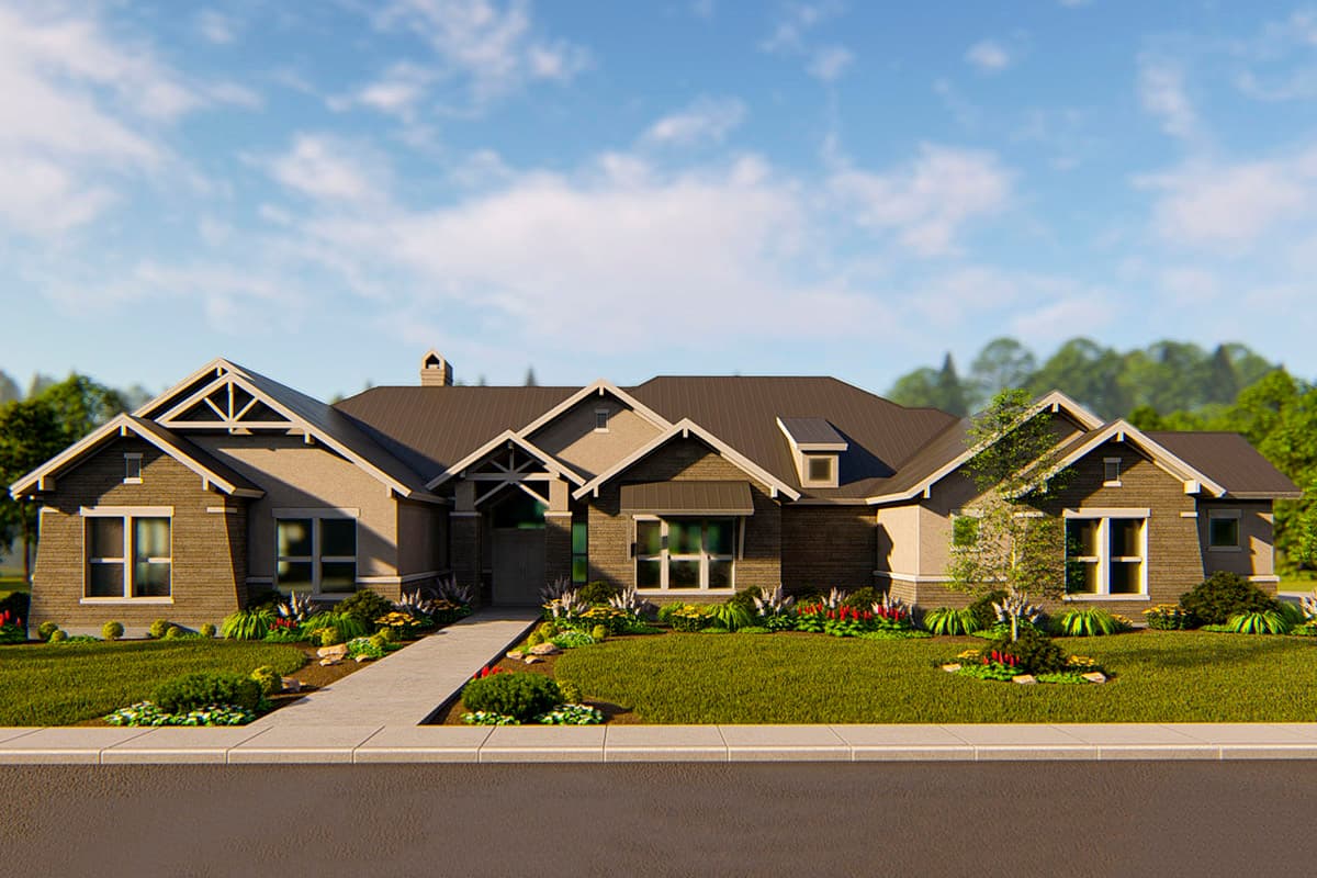 House plan exterior: Ranch style, dark metal roof, prominent gables with exposed rafter tails, stone and stucco facade.