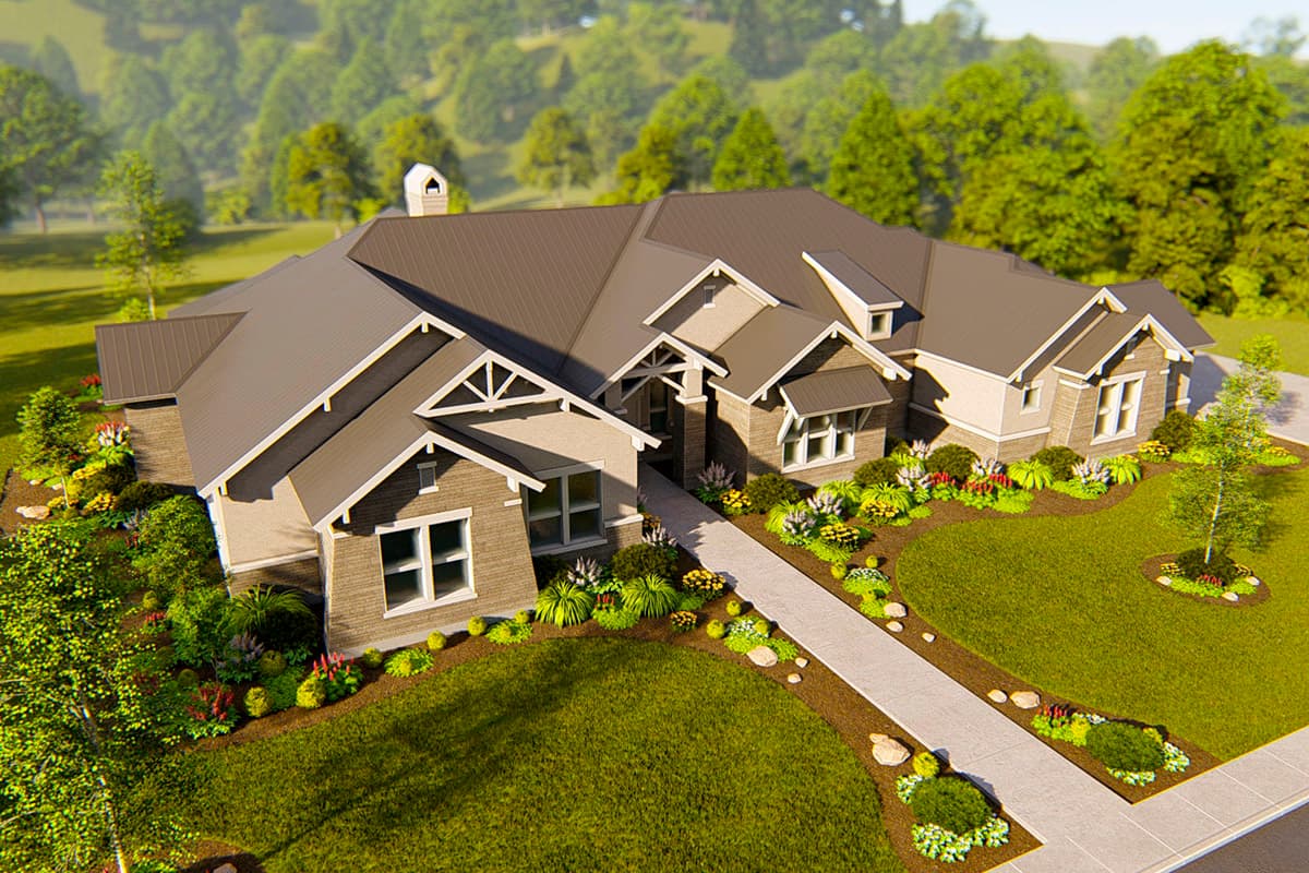 House plan exterior: Ranch style, multiple gables, covered entry porch, stone and siding facade.