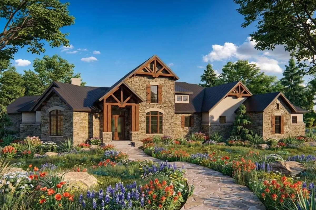 Plan 54031LK: Elegant 4-Bed House Plan with Large Outdoor Living Space - Image #1 - European, Hill Country, Mountain