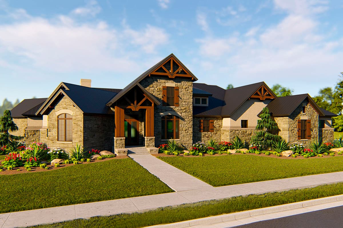 House plan exterior with stone veneer, multiple gables, and a timber-framed entry porch. Features a dark shingle roof and symmetrical design.
