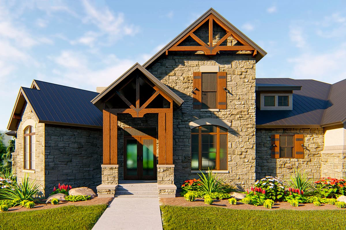 House plan exterior with stone facade, prominent timber framing over entryway and gables, and dark metal roof.