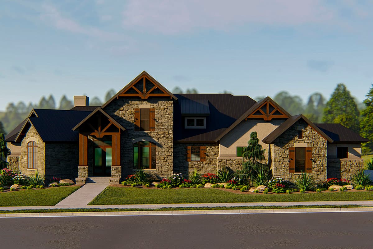House plan exterior with stone facade, prominent gables with exposed beams, covered entry, and multiple rooflines.