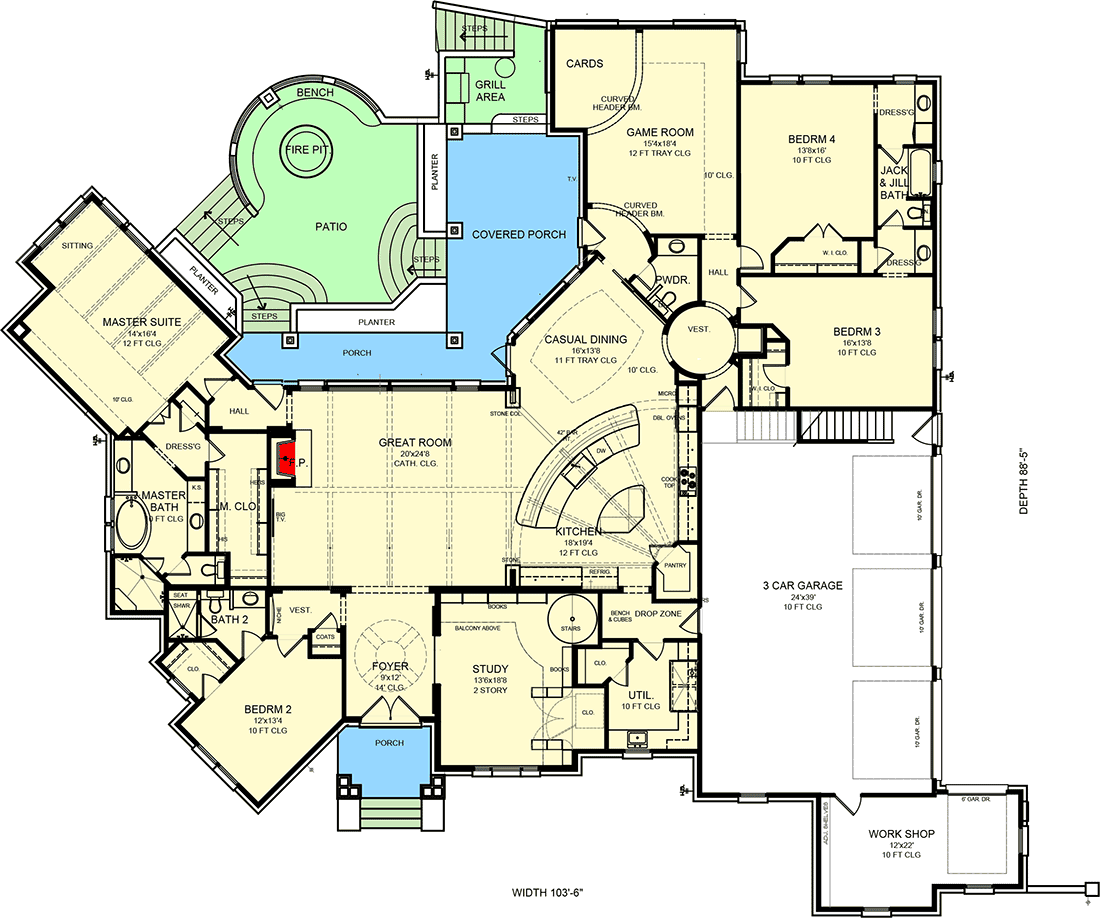 Plan 54031LK: Elegant 4-Bed House Plan with Large Outdoor Living Space - Floor Plan - Main Level - European, Hill Country, Mountain