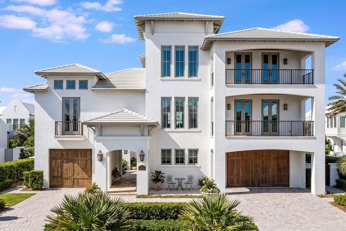 Modern house plan exterior with white stucco walls, multiple balconies, two garages, and a covered entryway with arched opening.