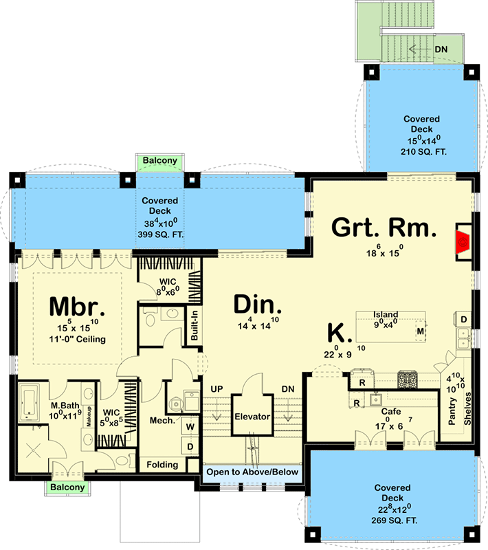 Plan 62996DJ: 3-Story Southern Coastal House Plan with Plenty of Outdoor Entertaining Spaces - 3439 Sq Ft - Floor Plan - Main Level - Beach, Coastal, Coastal Contemporary, European, Mediterranean, Southern, Spanish