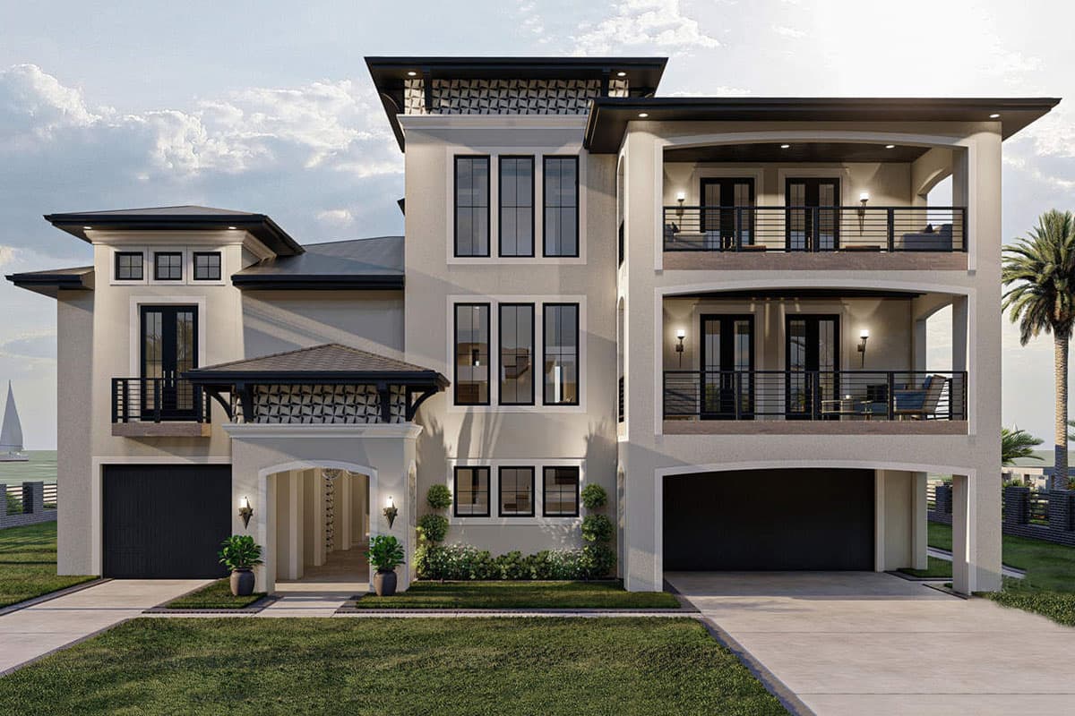 House plan exterior. Multi-story contemporary home with balconies, a covered entry, and a flat roofline. Features a two-car garage.