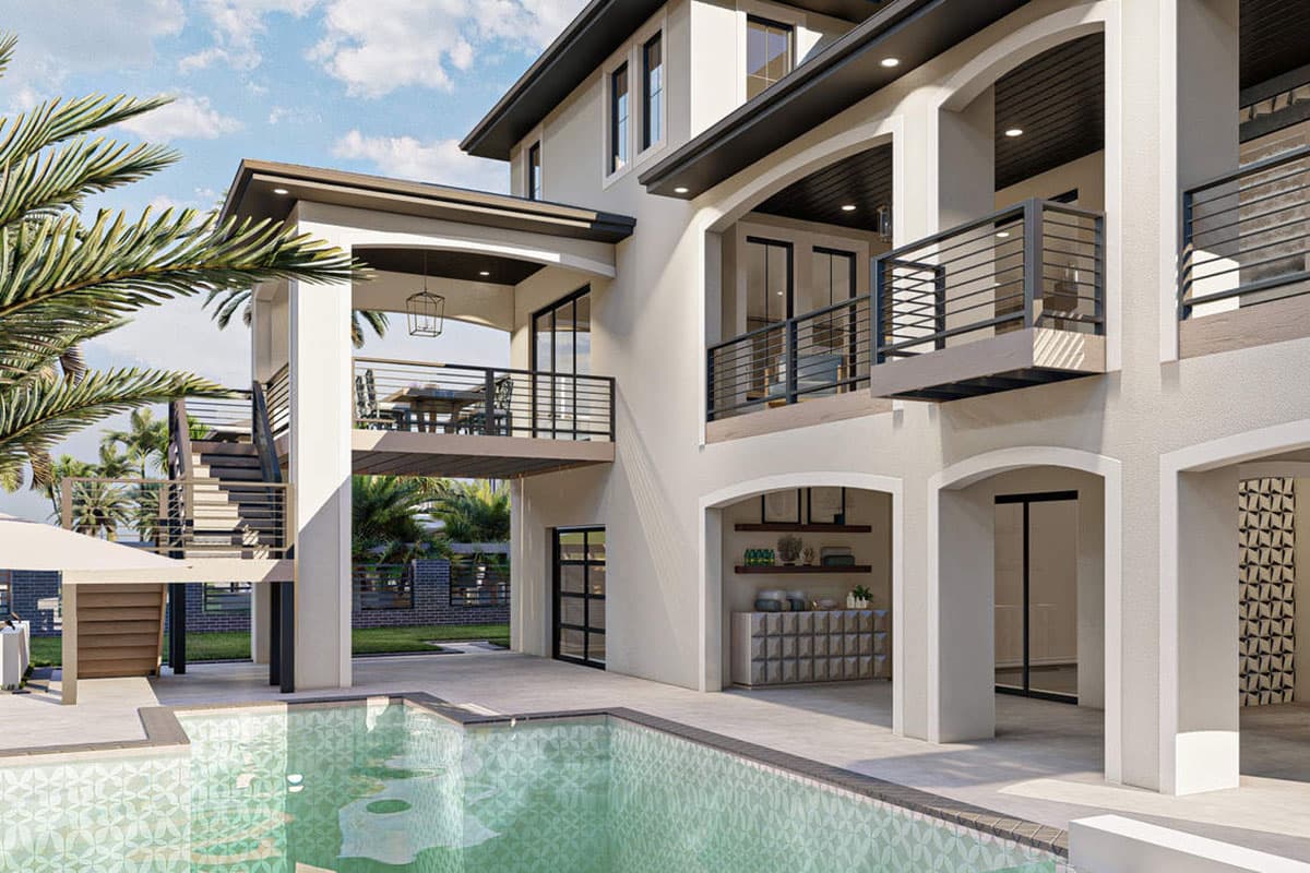 Modern house plan exterior with balconies, arched openings, and outdoor stairs leading to upper level.