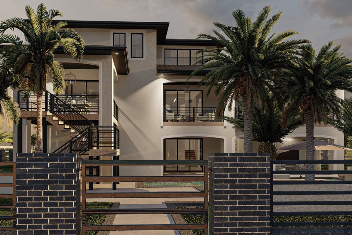 House plan exterior: Modern style, three stories, with balconies, external staircase, and prominent window arrangements.