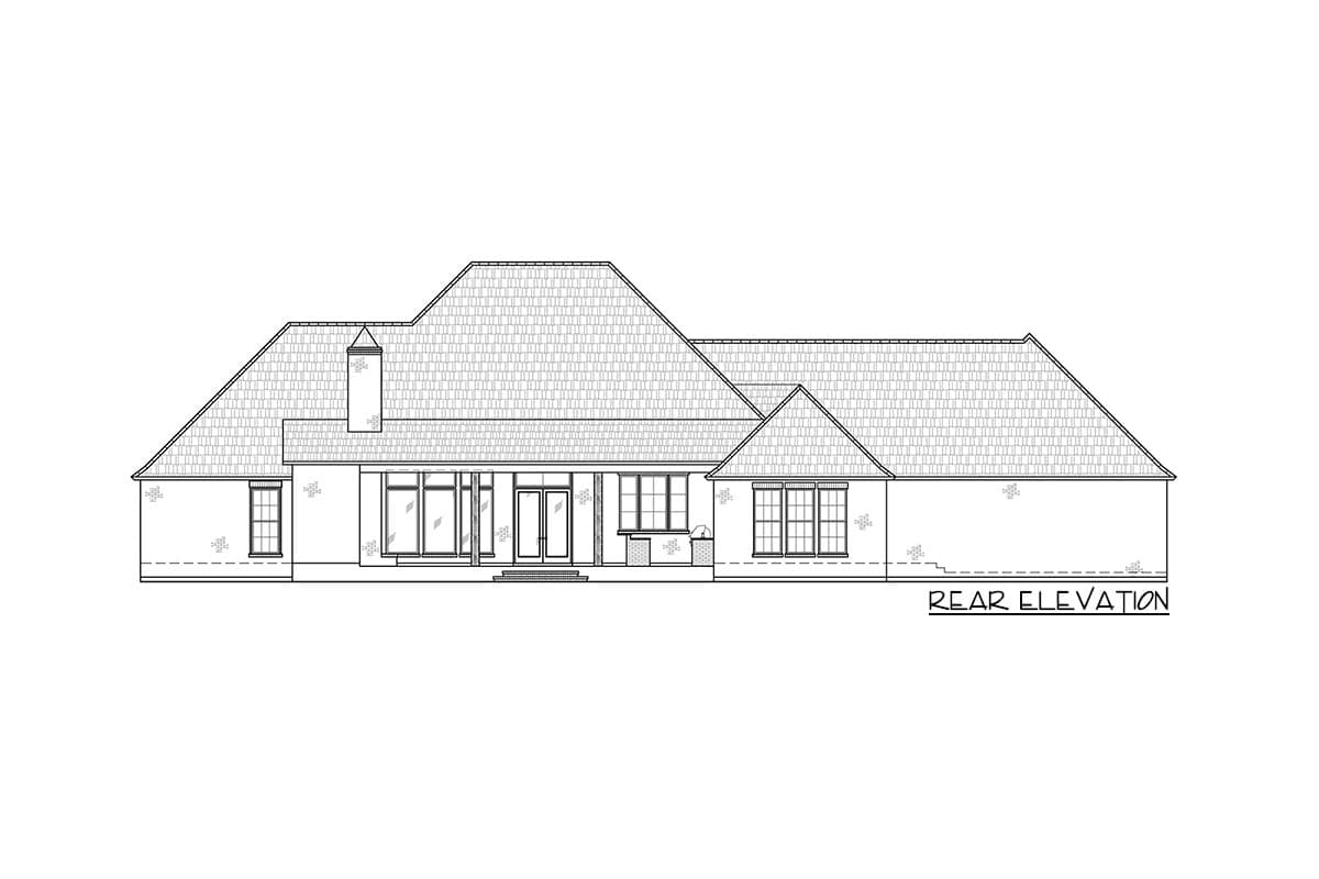 Rear elevation drawing of a single-story house plan with multiple gables, a prominent hip roof, and a central bank of windows.