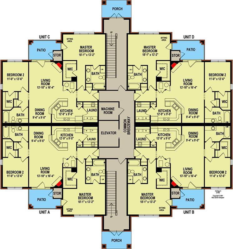 Plan 83141DC: 12 Unit 3-Story Apartment Building with 1300 to 1370 Sq Ft 2 Bedroom Units - Floor Plan - Main Level - Traditional
