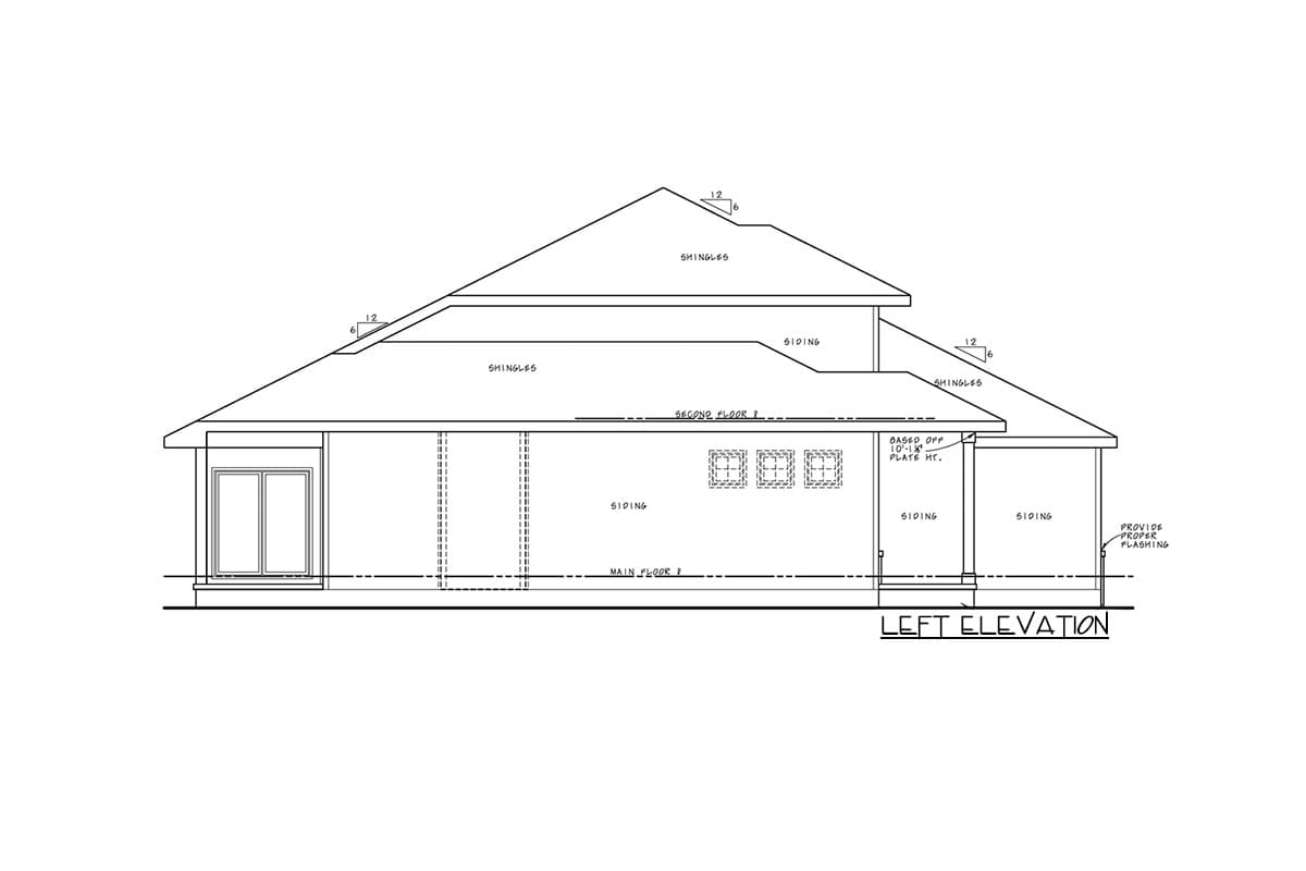 Architectural drawing: Left elevation of a house plan, showing two stories, siding, shingles, and a double window.