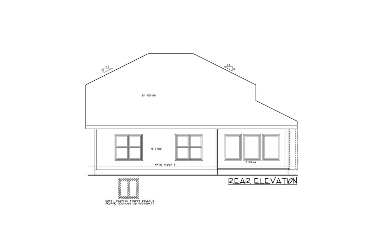 Rear elevation drawing of a house plan with a complex roofline, siding, and multiple windows on the main floor.